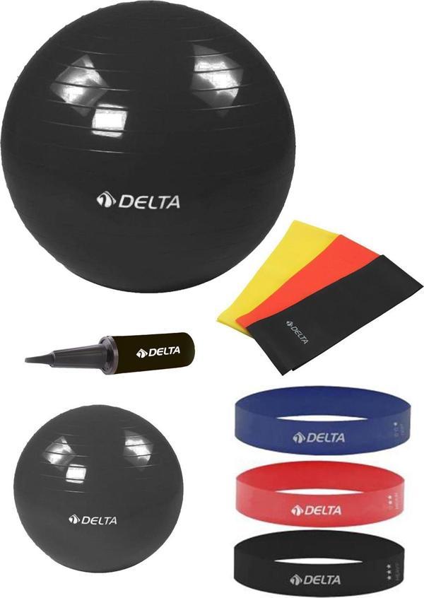 Delta 75-20 cm Pilates Topu 3'lü Pilates Bandı 3'lü Squat Bandı Direnç Lastiği Şişirme Pompası Seti - Image 1