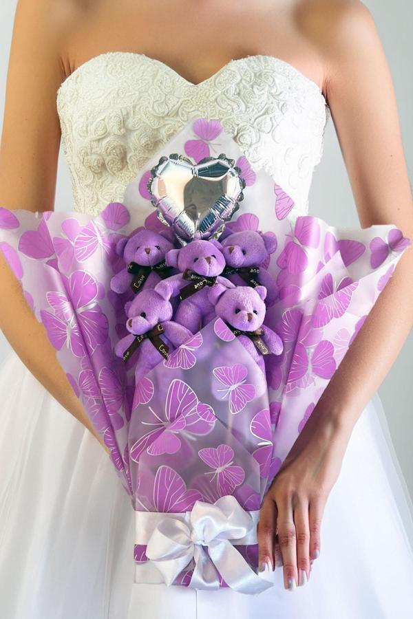 Premium Kelebek Desenli Yumoş MOR Peluş Ayıcık Buketi–Kalp Balonlu - Image 1