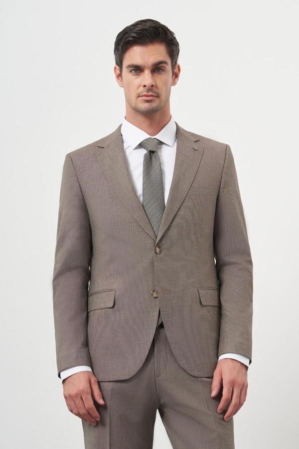  Erkek KAHVE Yün Slim Fit Mono Yaka Takım Elbise - Image 1