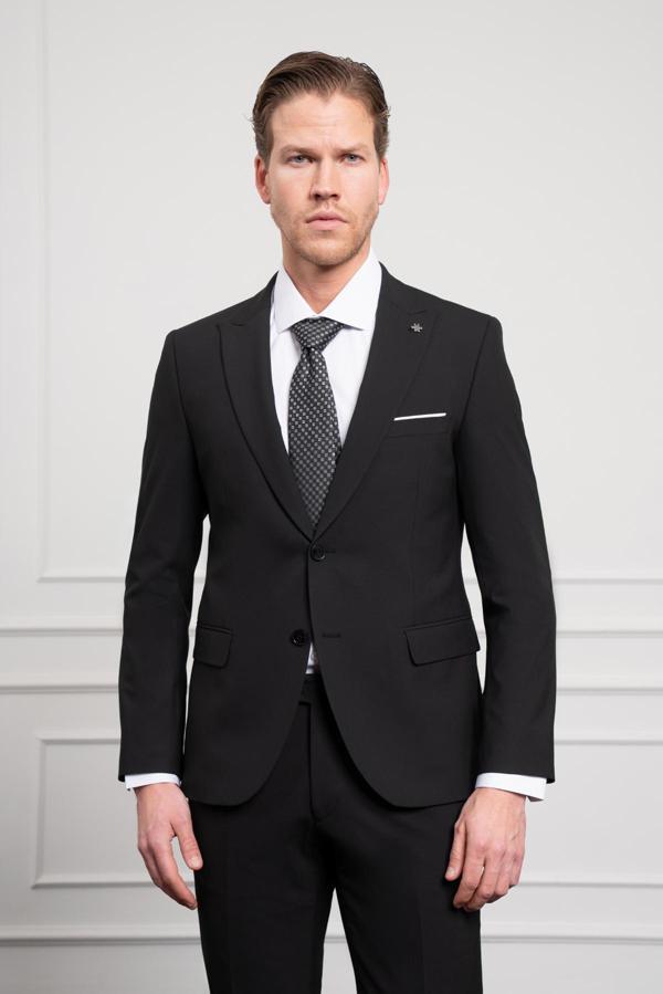  Erkek Siyah Basic Düz Desen Slim Fit Sivri Yaka Takım Elbise - Image 1