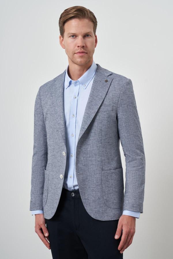  Erkek Lacivert Keten Dokuma Slim Fit Mono Yaka Ceket - Image 1
