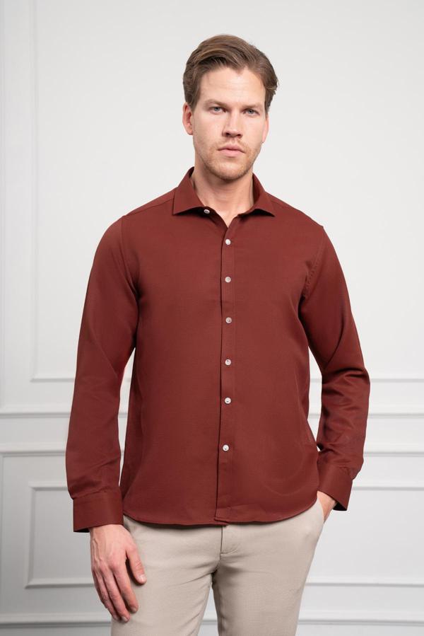  Erkek Bordo Trend İtalyan Yaka  Slim Fit Dar Kesim Gömlek - Image 1