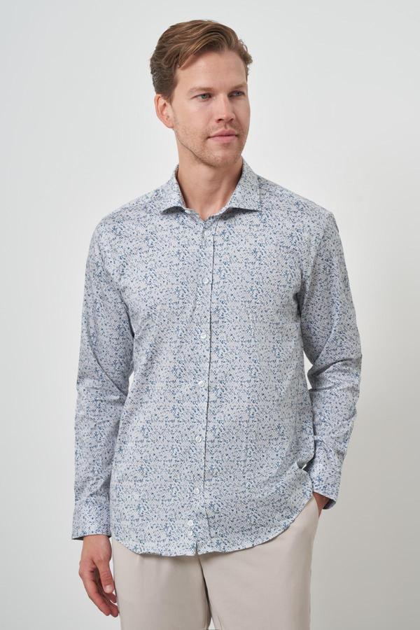  Erkek Mavi Pamuk Trend Slim Fit İtalyan Yaka Gömlek - Image 1