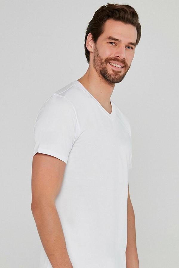  Erkek Beyaz Basic V Yaka %100 Pamuk Atlet Fanila - Image 1