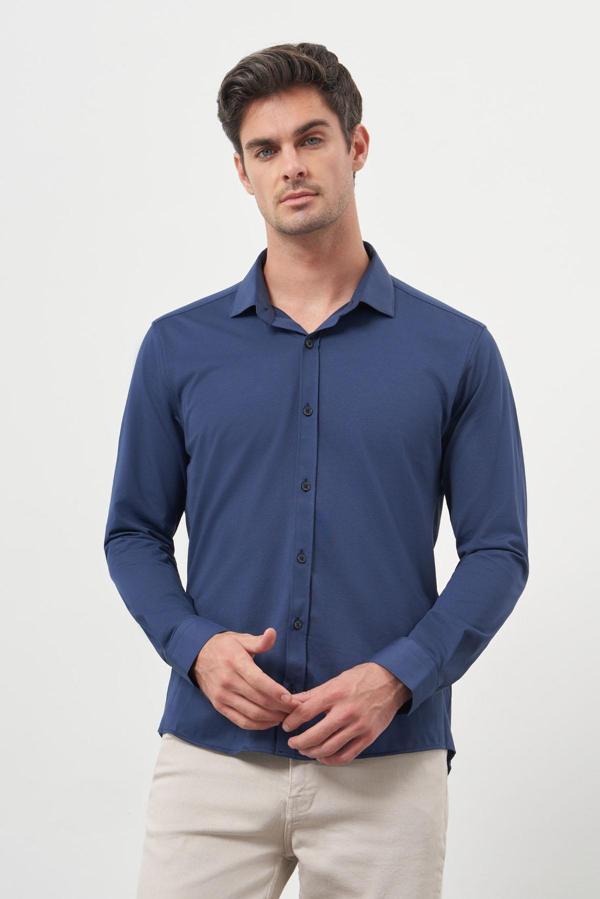  Erkek Lacivert Trend Slim Fit İtalyan Yaka Gömlek - Image 1