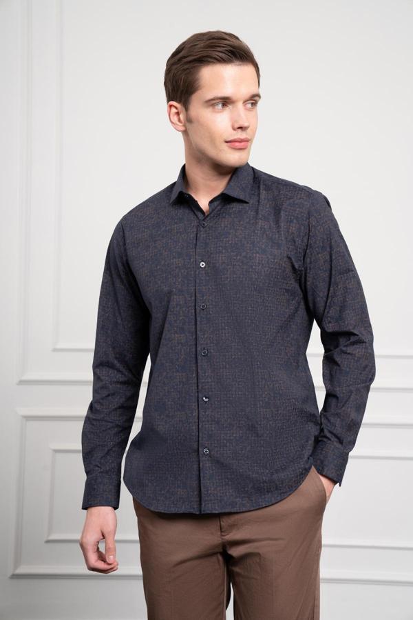  Erkek Lacivert - Kahve Trend Dynamic Fit İtalyan Yaka Gömlek - Image 1