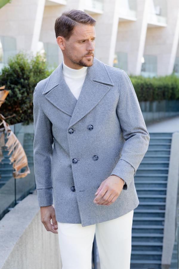  Erkek Gri Yünlü Kruvaze Dynamic Fit Sivri Yaka Kaban - Image 1