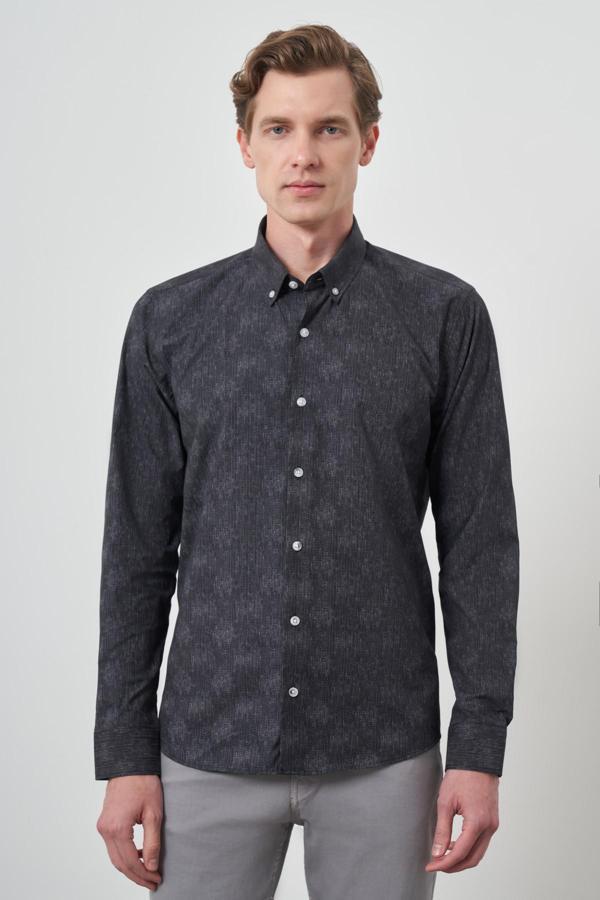  Erkek Siyah Slim Fit Düğmeli Yaka Gömlek - Image 1