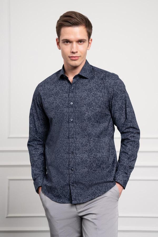  Erkek KOYU LACİVERT Trend Dynamic Fit İtalyan Yaka Gömlek - Image 1