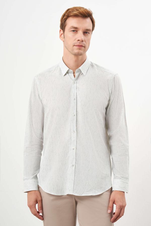  Erkek Çağla Yeşili Pamuk Çizgili-Panolu İtalyan Yaka Regular Fit Gömlek - Image 1