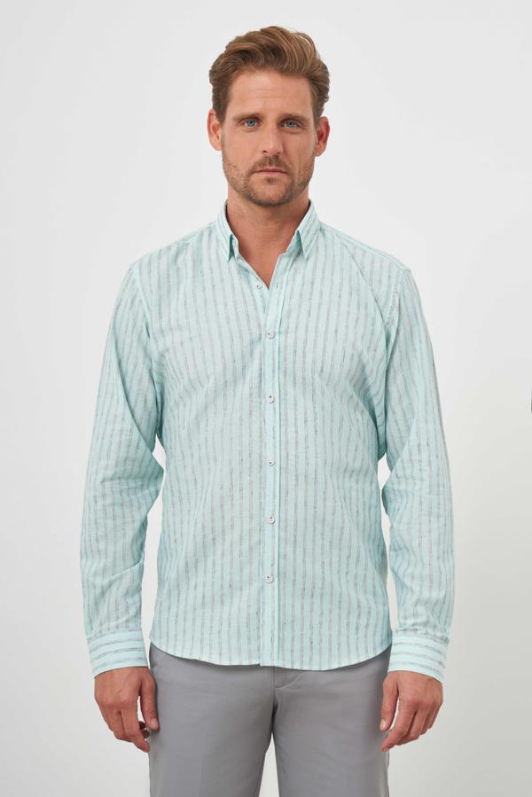  Erkek Su Yeşili Pamuk Çizgili-Panolu İtalyan Yaka Regular Fit Gömlek - Image 1