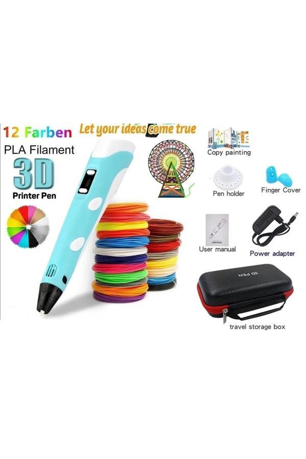 3d Pen Üç Boyutlu Yazıcı Kalem Printer (12 Adet 3 Metre Filament -36 Metre Led Ekranlı Adatörlü - Image 1