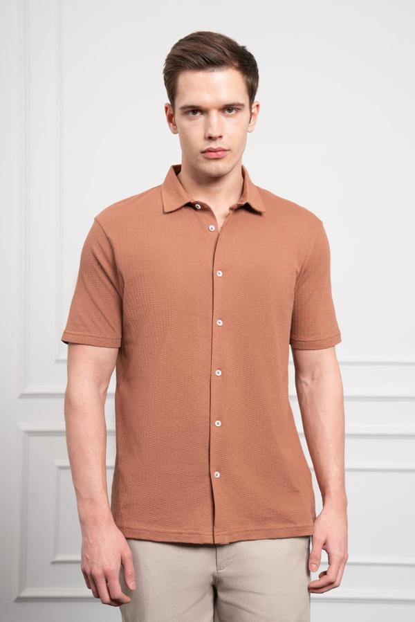  Erkek Kiremit Trend Apaçi Yaka Dynamic Fit Kısa Kollu Gömlek - Image 1