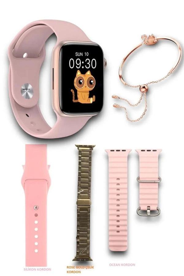 G9 Mini Rose Gold 41mm Kadın Akıllı Saat 3 Kordon Ve Bileklik Hediyeli Akıllı Saat - Image 1
