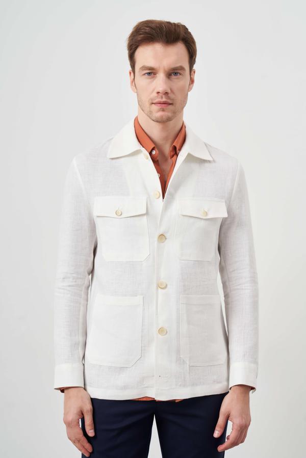  Erkek Bej Keten Worker Gömlek Mont - Image 1