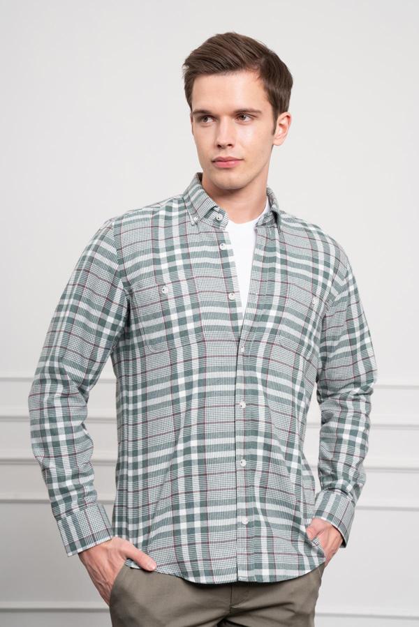  Erkek Yeşil Kışlık Düğmeli Yaka Regular Fit Gömlek - Image 1