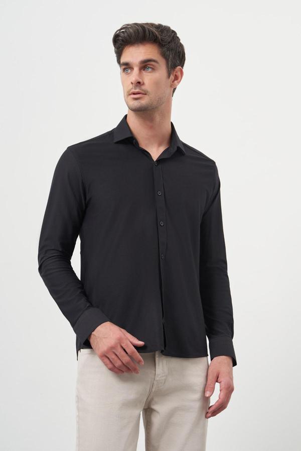  Erkek Siyah Trend Slim Fit İtalyan Yaka Gömlek - Image 1