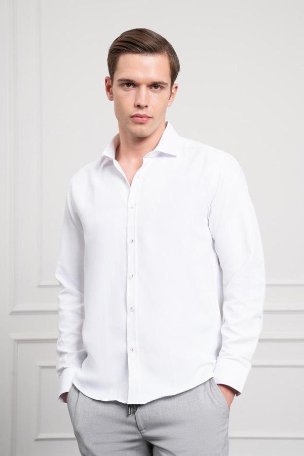  Erkek Beyaz Trend İtalyan Yaka  Slim Fit Dar Kesim Gömlek - Image 1
