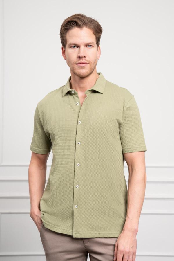  Erkek Çağla Yeşili Trend Apaçi Yaka Dynamic Fit Kısa Kollu Gömlek - Image 1