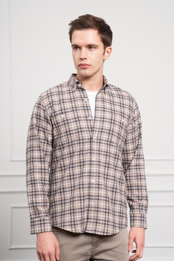  Erkek Vizon Kışlık Düğmeli Yaka Regular Fit Gömlek - Image 1