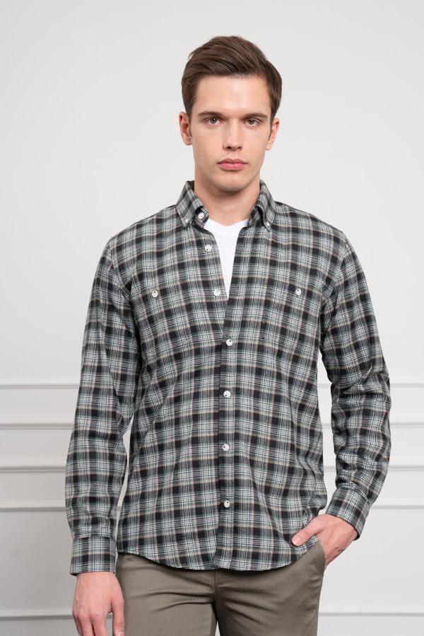  Erkek Haki Kışlık Düğmeli Yaka Regular Fit Gömlek - Image 1