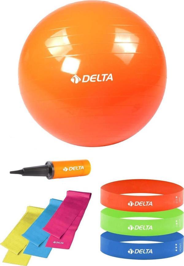 Delta 75 cm Pilates Topu 3'lü Pilates Bandı 3'lü Squat Bandı Direnç Lastiği Şişirme Pompası Seti - Image 1