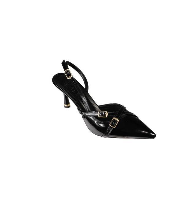 YAZKIŞ Kadın Siyah Ten Bordo Rugan Üstü Kemer Geçkili Sivri Burun 8cm İnce Topuk Stiletto Ayakkabı - Image 1