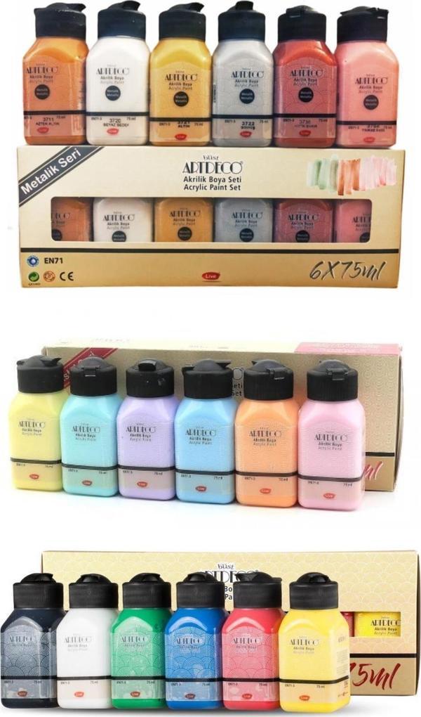 Artdeco Akrilik Boya 6x75 ml Metalik Renkler + 6x75ml Pastel Renkler + 6x75ml Canlı Renkler - Image 1