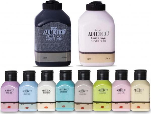 Artdeco Akrilik Boya 8x75ml Pastel Smoky + BEYAZ + SİYAH 500ml 10 Renk Set - Image 1