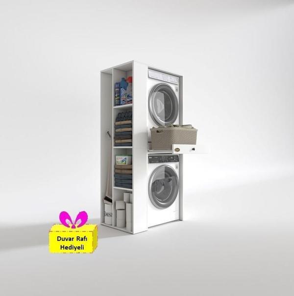 Kenzlife çamaşır-kurutma makinesi dolabı bacce sol byz 187*090*60 çekmeceli + tekli duvar rafı hediye - Image 1