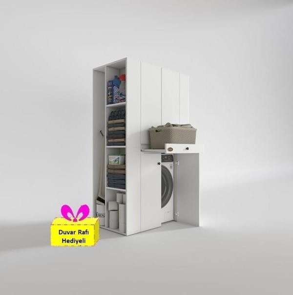 Kenzlife çamaşır-kurutma makinesi dolabı biruni byz 187*110*60 çekmeceli raflı + tekli duvar rafı hediye - Image 1