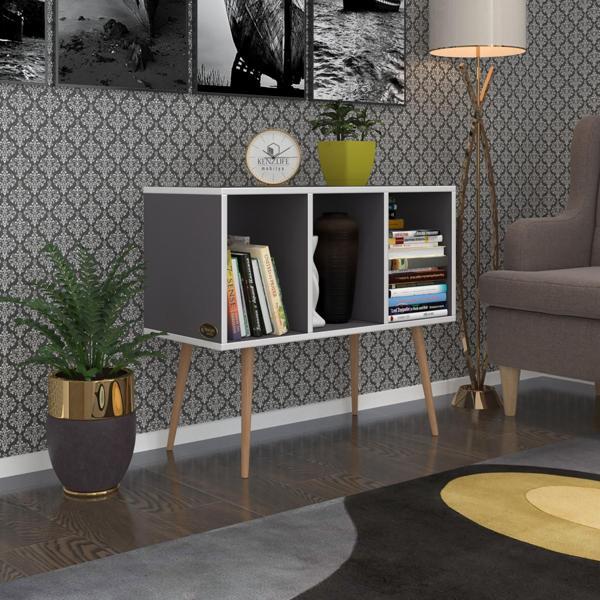 Kenzlife komodin adberilgen gri 74*90*39 ahşap ayaklı komidin kitaplık - Image 1