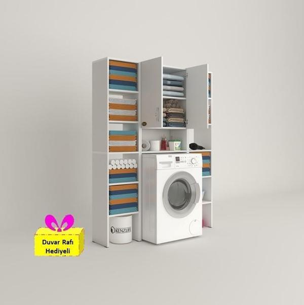 Kenzlife çamaşır makinesi dolabı sinemmaksduble byz 180*126*30 banyo arkalıklı + tekli duvar rafı hediyeli - Image 1
