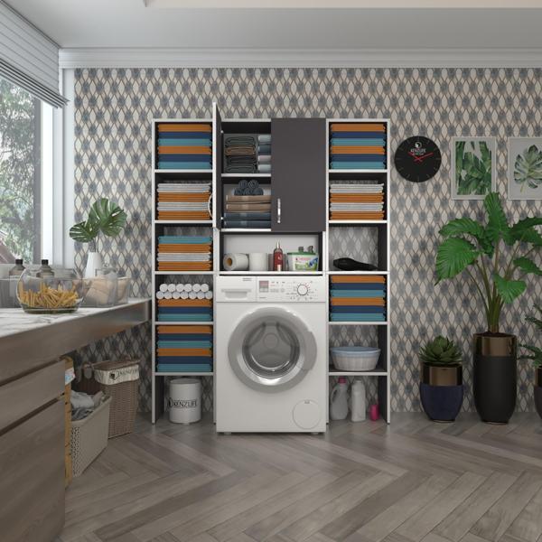 Kenzlife çamaşır makinesi dolabı sinemmaksduble gri 180*126*30 banyo kapaklı arkalıklı raflı - Image 1