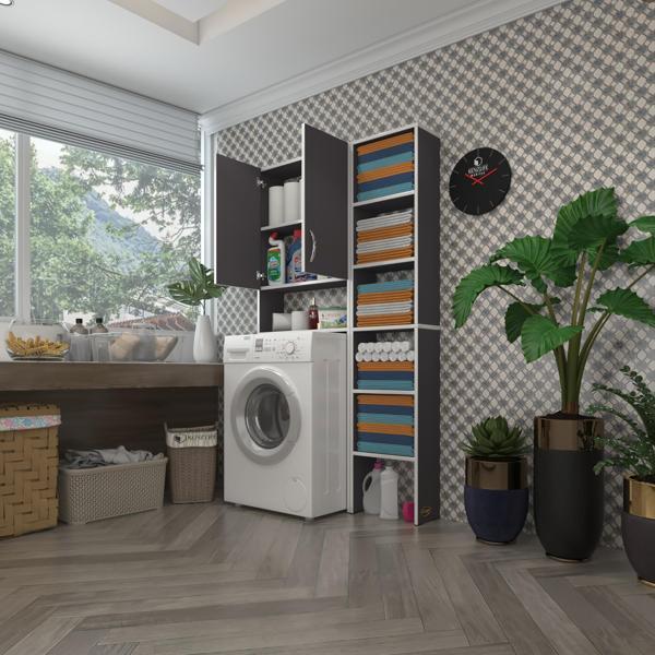 Kenzlife çamaşır makinesi dolabı veronikamaks gri 180*096*20 banyo kapaklı arkalıksız raflı - Image 1