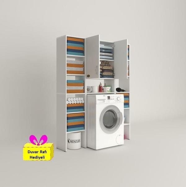 Kenzlife çamaşır makinesi dolabı veronikamaksduble byz 180*126*20 banyo arkalıksız raflı + tekli duvar rafı hediyeli - Image 1