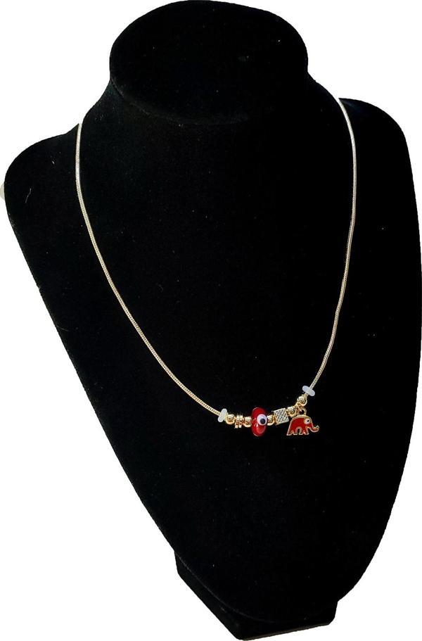 Altın Renk Kırmızı Mineli Fil Pandora Model Zirkon Kolye  - 2760 - Image 1