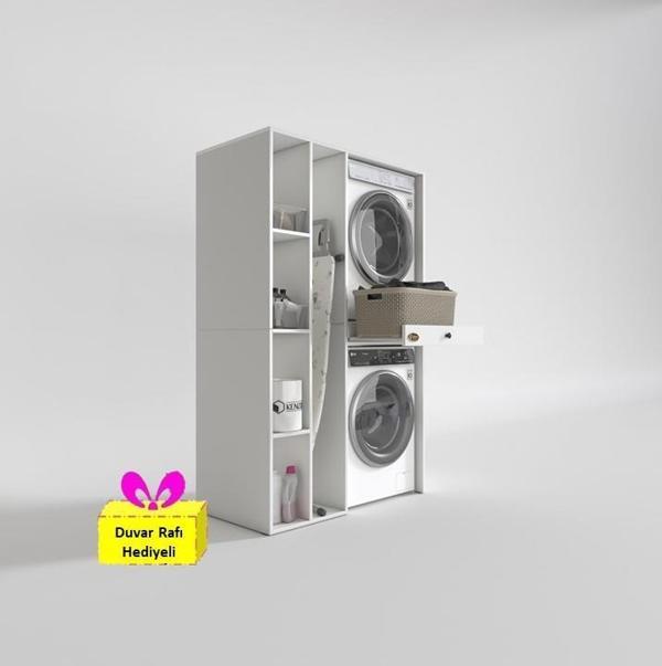 Kenzlife çamaşır-kurutma makinesi dolabı gutas sol byz 187*120*60 çekmeceli + tekli duvar rafı hediye - Image 1