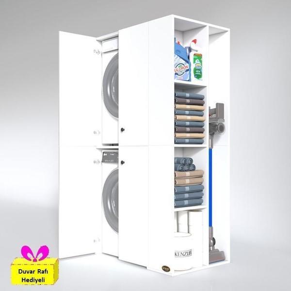 Kenzlife çamaşır-kurutma makinesi dolabı kapaklı foka byz 180*090*60 banyo arkalıksız + tekli duvar rafı hediyeli - Image 1