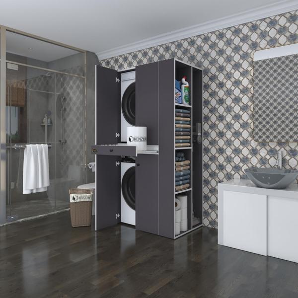 Kenzlife çamaşır-kurutma makinesi dolabı ahi evran sağ gri 187*090*60 çekmeceli banyo - Image 1