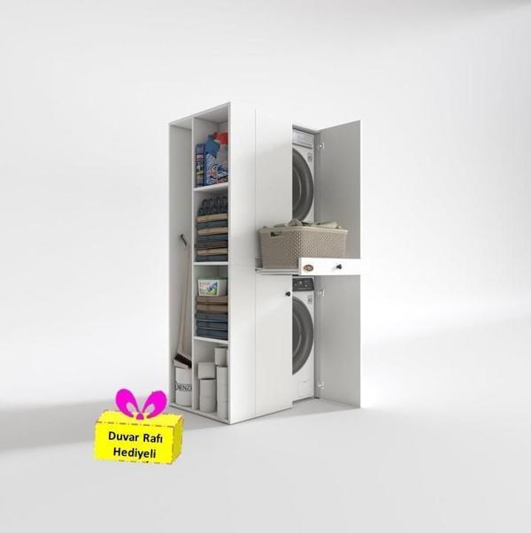 Kenzlife çamaşır-kurutma makinesi dolabı ahi evran sol byz 187*090*60 çekmeceli + tekli duvar rafı hediye - Image 1