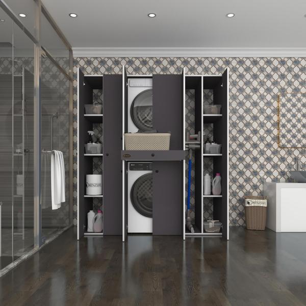 Kenzlife çamaşır-kurutma makinesi dolabı nazzam gri 187*170*60 çekmeceli raflı banyo - Image 1