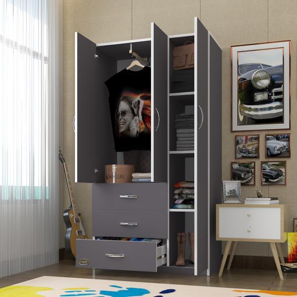 Kenzlife gardırop 3 kapılı 3 çekmeceli civanperçemi 180*120*52 gri XLARGE kapaklı gardolap dolap - Image 1