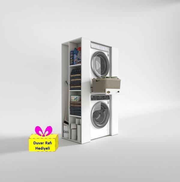 Kenzlife çamaşır-kurutma makinesi dolabı umare byz 187*110*60 çekmeceli raflı + tekli duvar rafı hediye - Image 1