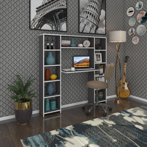 Kenzlife bilgisayar çalışma masası senna gri 140*130*20 kitaplıklı ofis sekreter laptop - Image 1