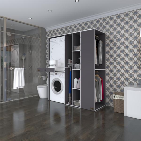 Kenzlife çamaşır-kurutma makinesi dolabı ve giysi dolabı çekmeceli attar sağ gri 187*160*60  banyo - Image 1