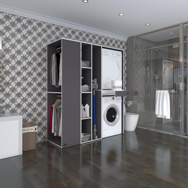 Kenzlife çamaşır-kurutma makinesi dolabı ve giysi dolabı çekmeceli attar sol gri 187*160*60  banyo - Image 1