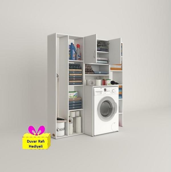 Kenzlife çamaşır makinesi dolabı hayzummega byz 180*156*55 banyo kiler çift kapaklı arkalıklı + tekli duvar rafı hediyel - Image 1