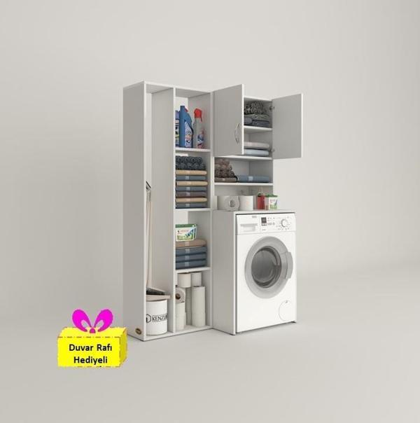 Kenzlife çamaşır makinesi dolabı hayzumsüpürge byz 180*126*55 banyo kiler çift kapaklı arkalıklı + tekli duvar rafı hedi - Image 1