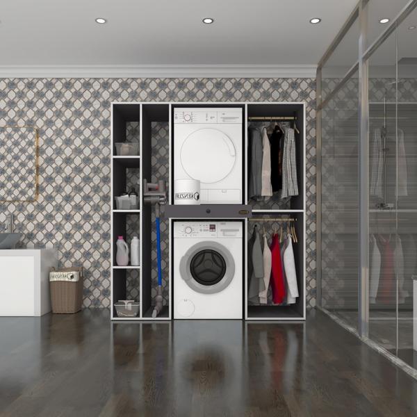 Kenzlife çamaşır-kurutma makinesi dolabı ve giysi dolabı çekmeceli hattab sol raf gri 187*160*60  banyo - Image 1